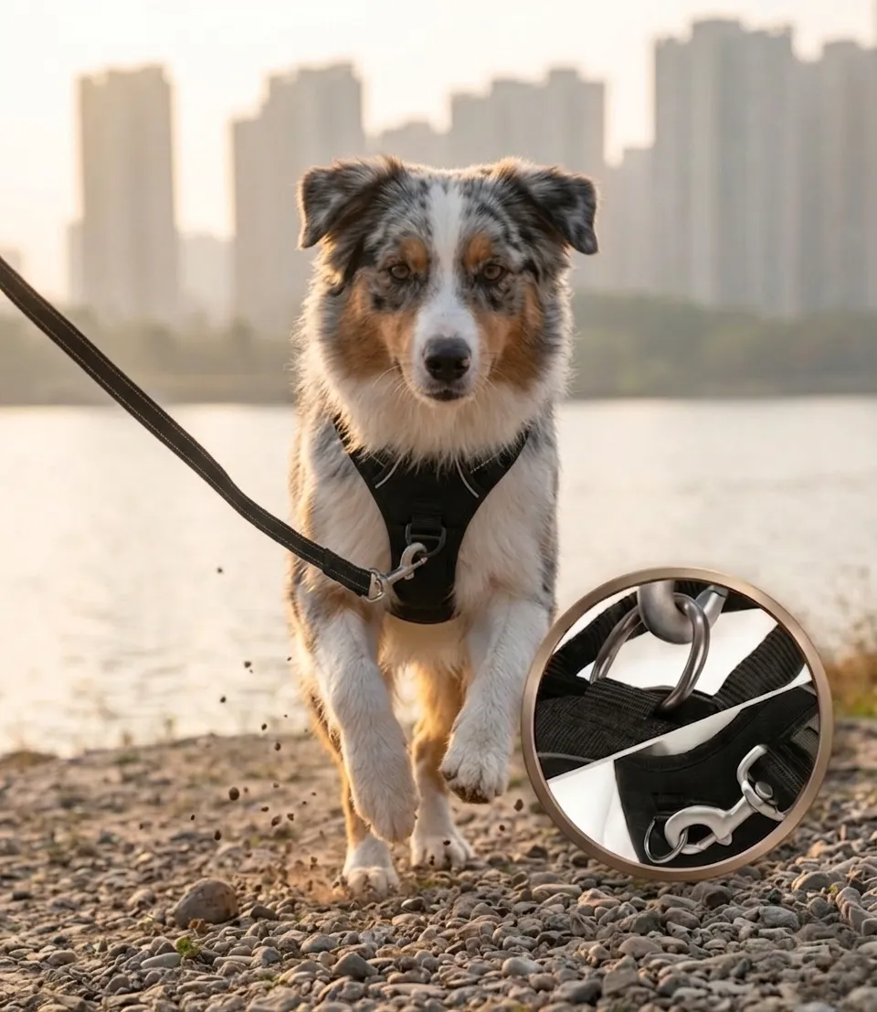 Australian Shepherd walking calmly in a SnootCo No-Pull Harness