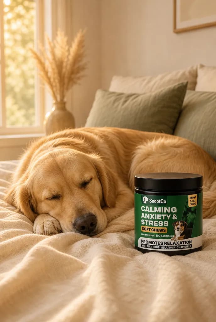 Biscuit the golden retriever resting calmly beside SnootCo Calm Chews